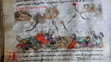 Late 14th Century illustration from Tuscany: devils shoot down arrows to inflict horror upon a
tangled mass of humanity